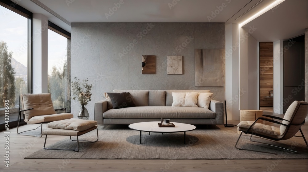 Fototapeta premium Modern Living Room Interior with Beige Sofa and Chairs