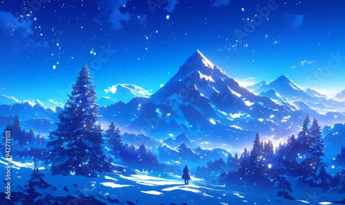 Enchanting Anime-Style Winter Wonderland: Majestic Mountain and Snow-Covered Trees in Serene Blue Landscape. AI-Generated Illustration for Seasonal Marketing, Web Design, and Artistic Projects. Versat photo