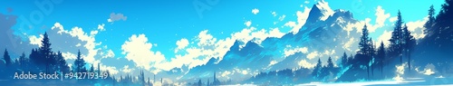 Enchanting Anime-Style Winter Wonderland: Majestic Mountain and Snow-Covered Trees in Serene Blue Landscape. AI-Generated Illustration for Seasonal Marketing, Web Design, and Artistic Projects. Versat photo