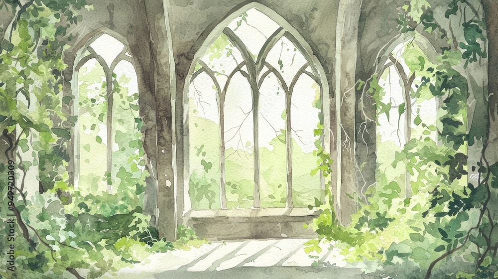 Serene Abandoned Archway Covered in Lush Greenery, With Sunlight Streaming Through Serene Abandoned Archway Covered in Lush Greenery, With Sunlight Streaming Through