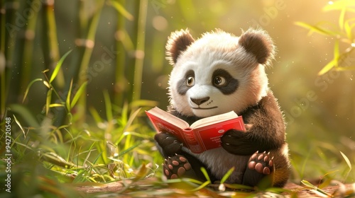 Cute Panda Bear Reading a Book in the Forest