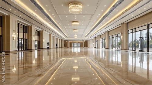 Grand Empty Event Space with Polished Marble Floors, Elegant Lighting Fixtures, and Open Plan Layout