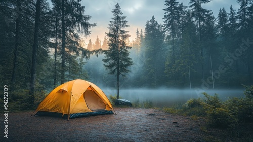 Serene Camping Experience in a Misty Forest Clearing at Dawn