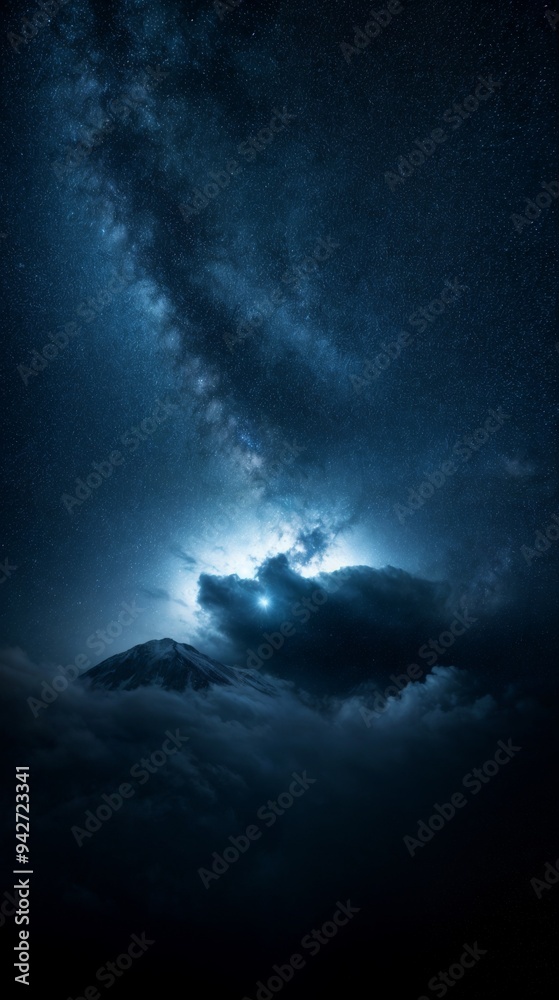 Ethereal Cosmic Explosion with Fiery Center Amidst Dark Clouds and Starry Sky Ethereal Cosmic Explosion with Fiery Center Amidst Dark Clouds and Starry Sky