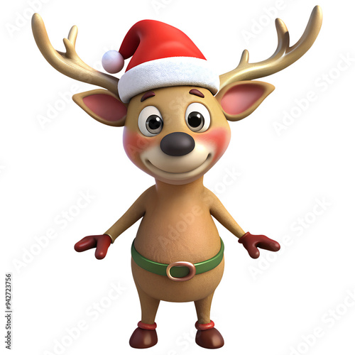 Cartoon reindeer wearing gloves and socks with Santa hat, character for Christmas celebration photo