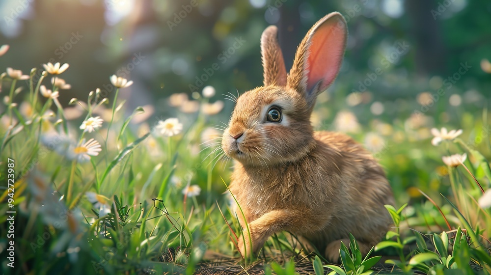 Fototapeta premium Cute fluffy little rabbit on a meadow grass field in the