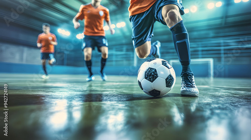Football futsal player, ball, futsal floor. Sports background. Indoor soccer sports hall. Youth futsal league. Indoor football players and soccer ball. Generative ai. photo