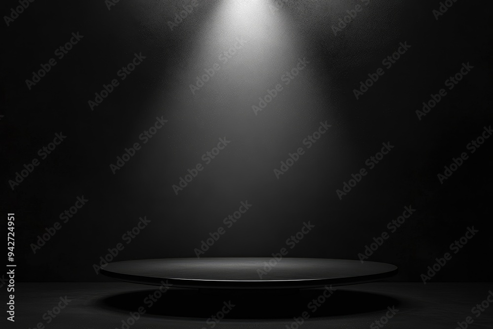 Blank black table platform with bright spotlight isolated on black wall, empty table - place for product placement and text and design, empty place table stage podium hight quality, ai Blank black table platform with bright spotlight isolated on black wall, empty table - place for product placement and text and design, empty place table stage podium hight quality, ai