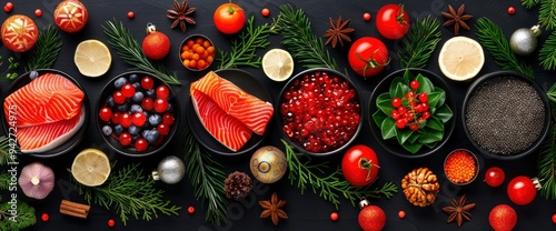 Christmas Food Arrangement with Salmon, Berries and Festive Decorations photo