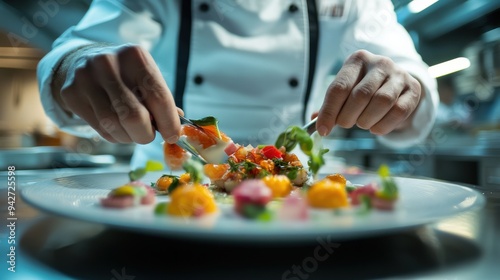 Fototapeta Naklejka Na Ścianę i Meble -  A master chef artfully arranges vibrant ingredients on a plate, showcasing culinary creativity and precision in a lively restaurant kitchen