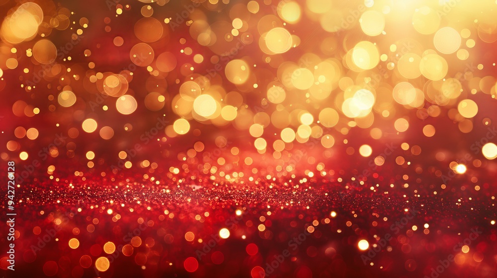 abstract Christmas background with red and gold flecks. The bokeh effect of particles of Christmas golden glow on blurred background. The texture of the gold foil. Holiday concept New Year abstract Christmas background with red and gold flecks. The bokeh effect of particles of Christmas golden glow on blurred background. The texture of the gold foil. Holiday concept New Year
