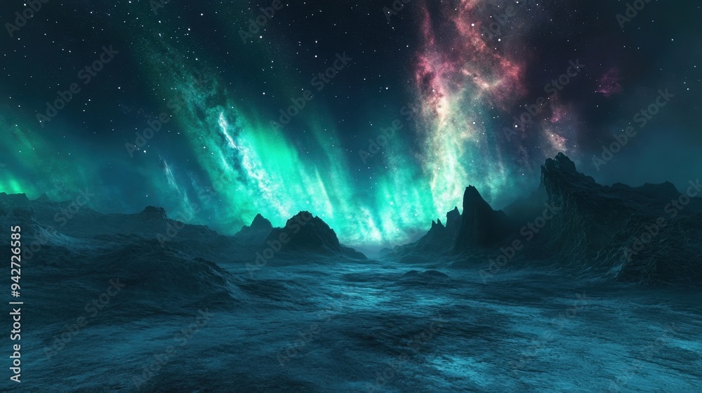 Naklejka premium Polar Aurora Landscape & Starry Sky