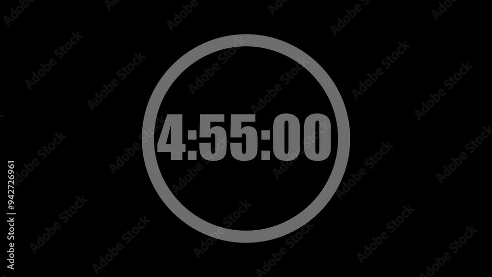5 Minute countdown timer in a circle. Gray numbers on black background. 5 minute countdown. Digital countdown. 4K motion count down timer. 5 Minute countdown timer in a circle. Gray numbers on black background. 5 minute countdown. Digital countdown. 4K motion count down timer.