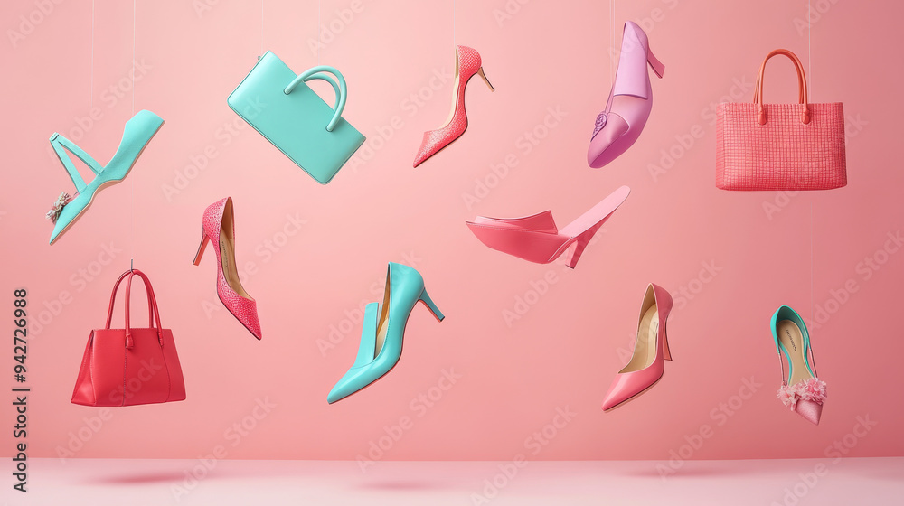 Obraz premium A pair of elegant high heels, a chic handbag, and various accessories like sunglasses, a scarf, and jewelry appear to hover effortlessly in the air