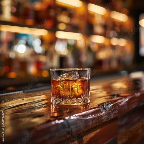 A gleaming glass of whiskey sits on a smooth wooden bar, illuminated by soft, ambient lighting, enhancing the sophisticated atmosphere of the dimly lit bar.