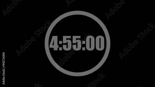 5 Minute countdown timer in a circle. Gray numbers on black background. 5 minute countdown. Digital countdown. 4K motion count down timer.