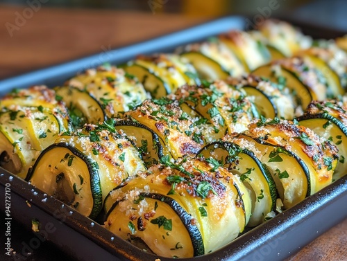 Delicious Zucchini Rollatini in a Macro Shot, Capturing the Texture and Flavor of a Homemade Italian Recipe, Fresh Vegetables, and Seasonings photo