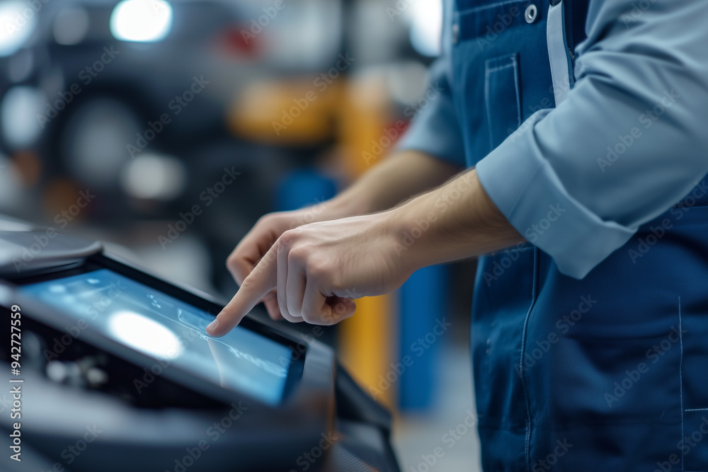 Male employee at a factory using digital solution with touchscreen gestures. A close up of digitalization chances.