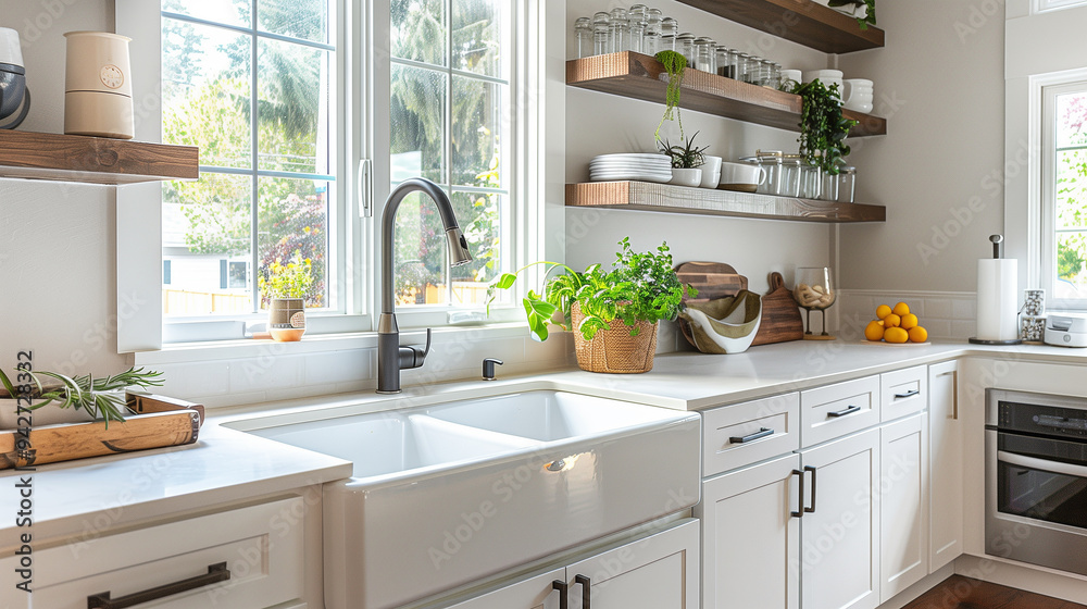 Modern kitchen with an open shelving design, white cabinets, and a farmhouse sink. Modern kitchen with an open shelving design, white cabinets, and a farmhouse sink.