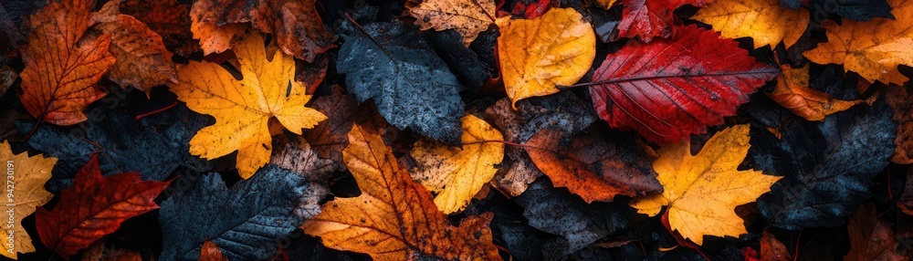A pile of decomposing autumn leaves under a heavy rain, gradual decay, fall environment, seasonal change A pile of decomposing autumn leaves under a heavy rain, gradual decay, fall environment, seasonal change