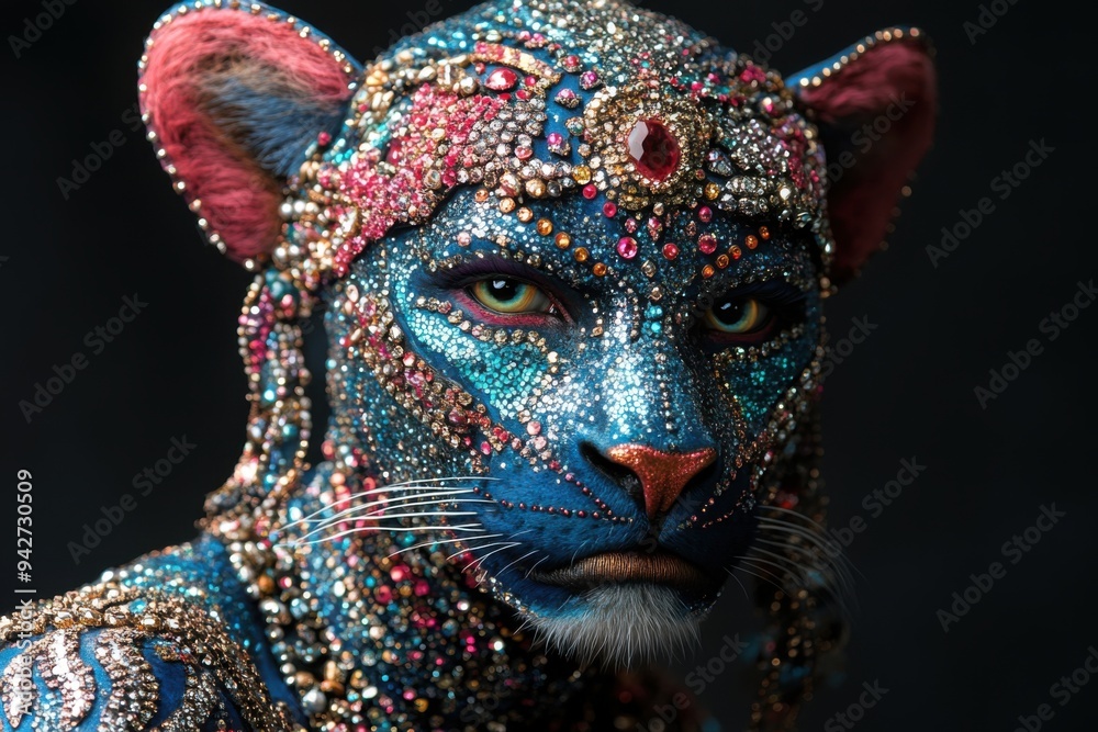 Bejeweled animal head with shimmering blue and pink ornaments.