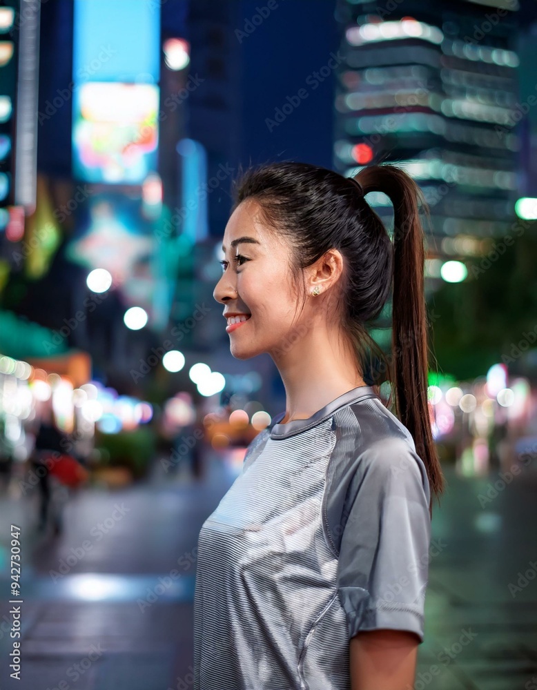 Una hermosa y esbelta joven camina por Seúl de noche. Está vestida con un chándal gris. Una hermosa y esbelta joven camina por Seúl de noche. Está vestida con un chándal gris.