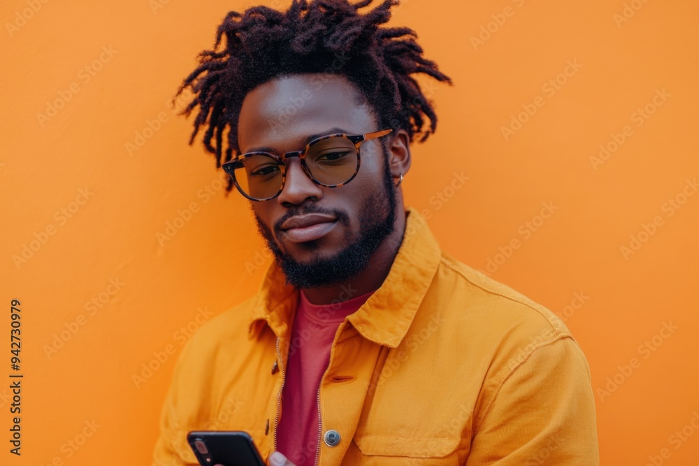 Stylish man in bright orange jacket using a smartphone Stylish man in bright orange jacket using a smartphone