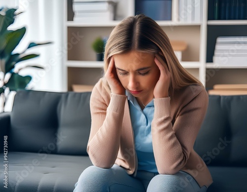 Una joven mujer sentada en el sofá con una expresión decaída/deprimida; estrés, depresión, cansancio