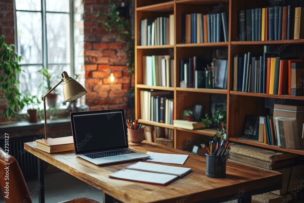 Cozy modern workspace wooden desk with laptop, documents, and books for students and professionals Cozy modern workspace wooden desk with laptop, documents, and books for students and professionals