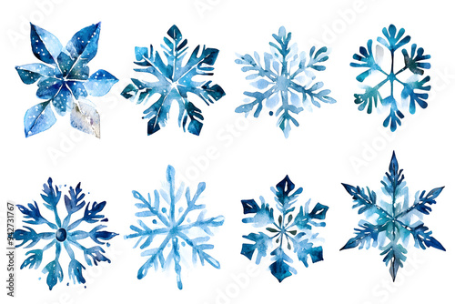 Snowflakes watercolor Illustration collection isolated on white background 