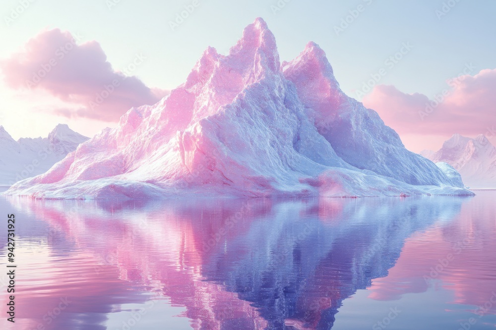 Majestic pink iceberg reflected in calm Arctic waters at sunrise Majestic pink iceberg reflected in calm Arctic waters at sunrise
