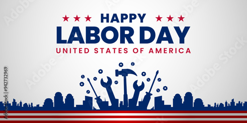 USA Happy Labor Day celebration banner background design with American flag. Labour day Safety hard hat and Construction tools background.