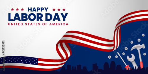 USA Happy Labor Day celebration banner background design with American flag. Labour day Safety hard hat and Construction tools background.