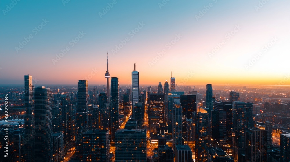 Fototapeta premium Twilight Urban Skyline with Modern Skyscrapers and City Lights