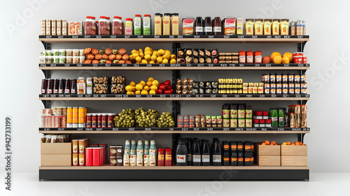 3d hyperrealistic supermarket shelfs with products, element isolated on white background 