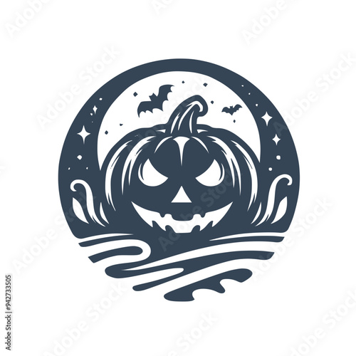 Vector emblem with Halloween pumpkin Jack o lantern and bats on background