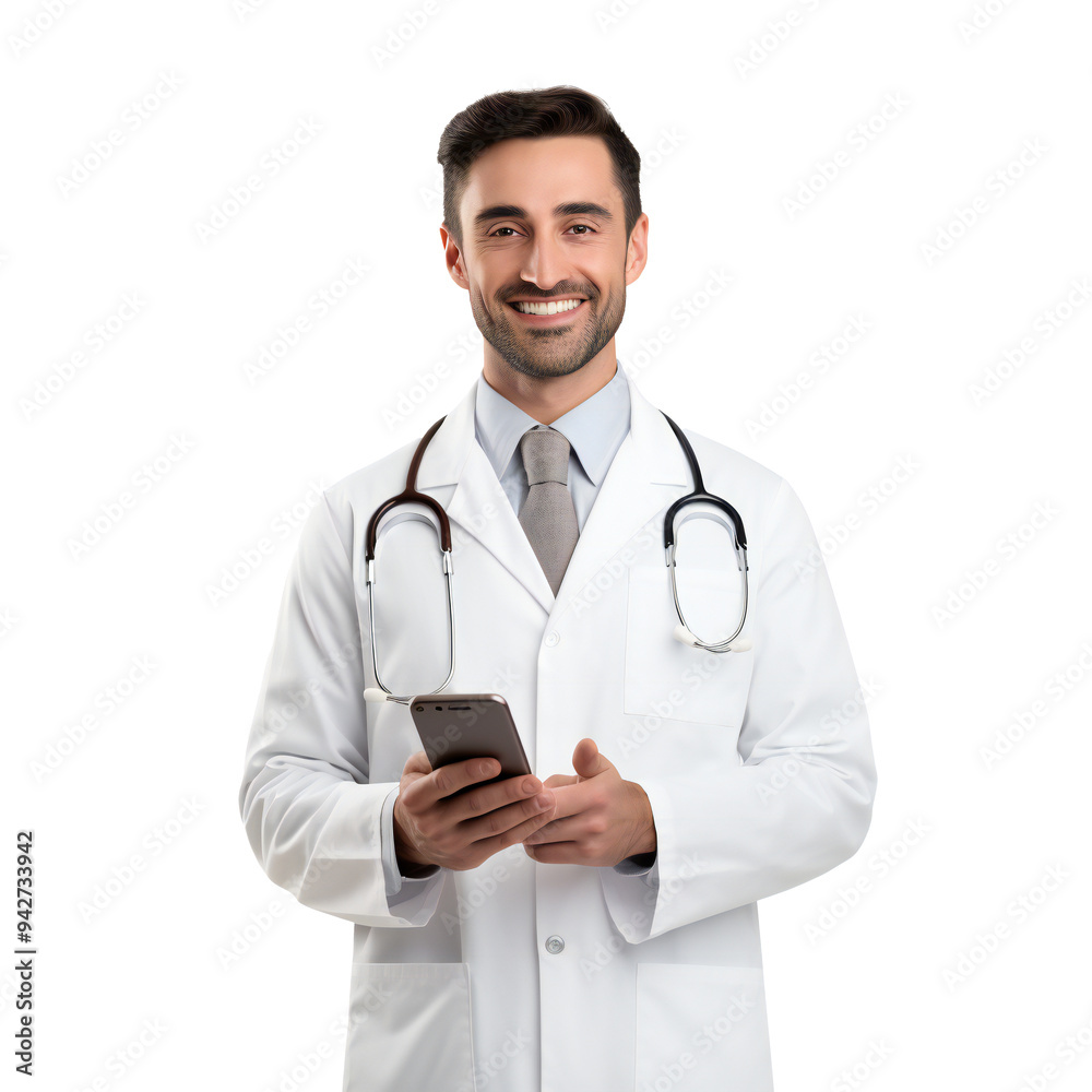 Smiling male doctor in white coat with stethoscope using smartphone isolated PNG Icon on transparent background Smiling male doctor in white coat with stethoscope using smartphone isolated PNG Icon on transparent background