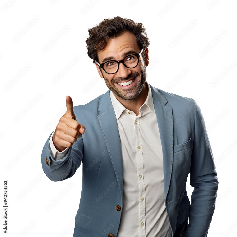 Smiling young man in blue blazer and glasses confidently pointing PNG Icon on transparent background Smiling young man in blue blazer and glasses confidently pointing PNG Icon on transparent background