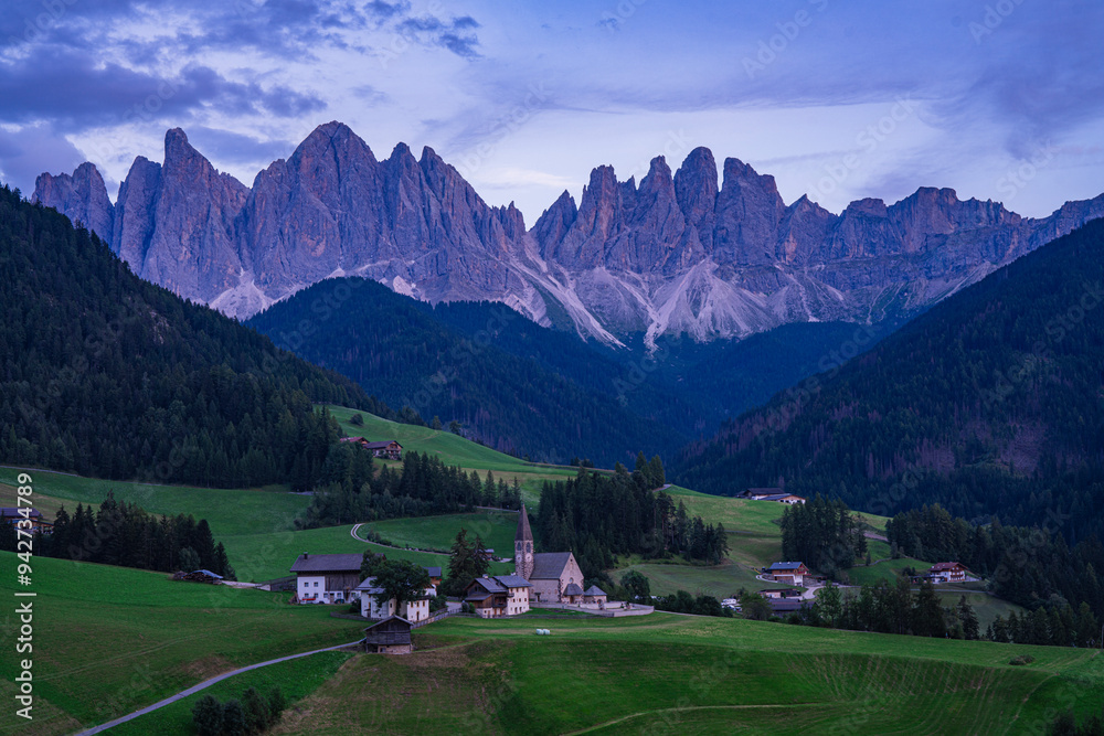 Sunset view of the Val di Funes, Dolomites, Italy. Sunset view of the Val di Funes, Dolomites, Italy.