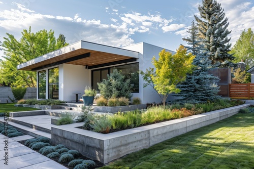 Modern farmhouse front yard with concrete wall, green grass, trees, and blue spruce, featuring white house and wooden fence.