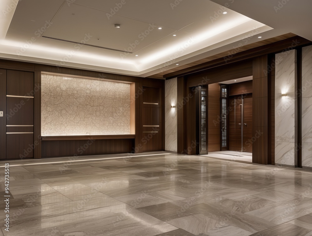 Modern Lobby Interior with Marble and Wood Accents Modern Lobby Interior with Marble and Wood Accents