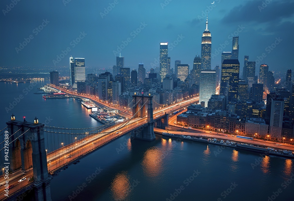 Fototapeta premium A nighttime aerial view of a large, densely populated city with many high-rise buildings, bridges, and waterways