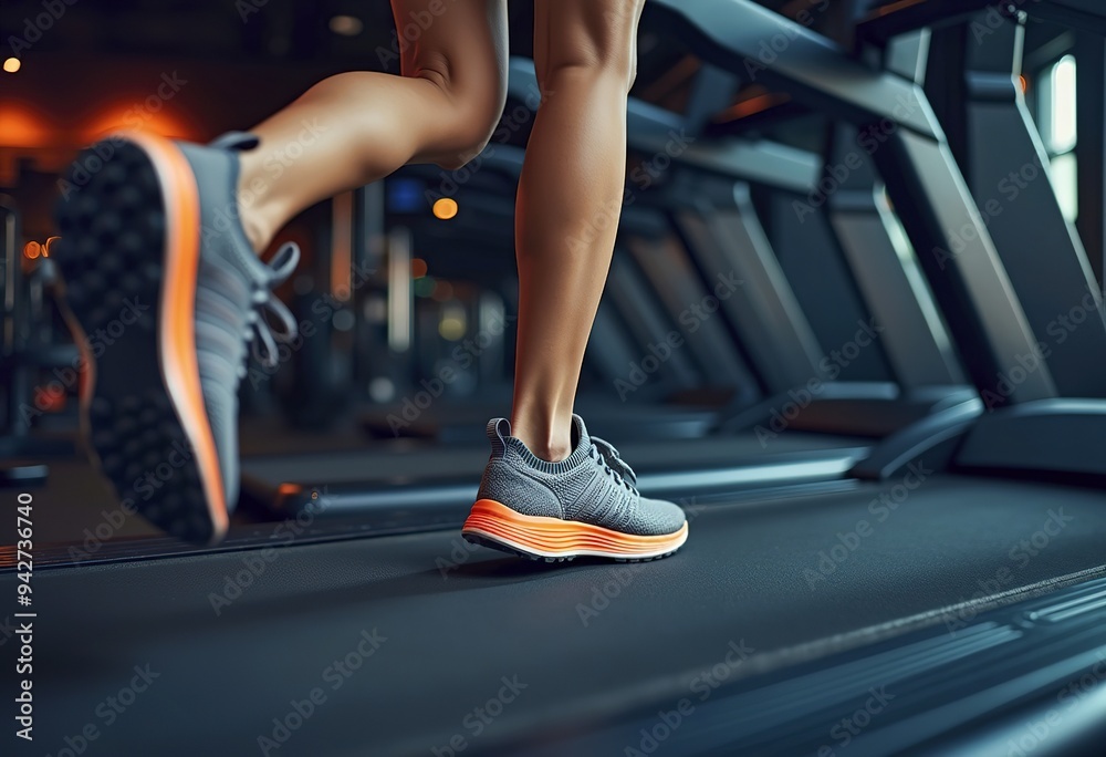 A young woman's legs and feet wearing gray and orange athletic shoes while running on a treadmill A young woman's legs and feet wearing gray and orange athletic shoes while running on a treadmill