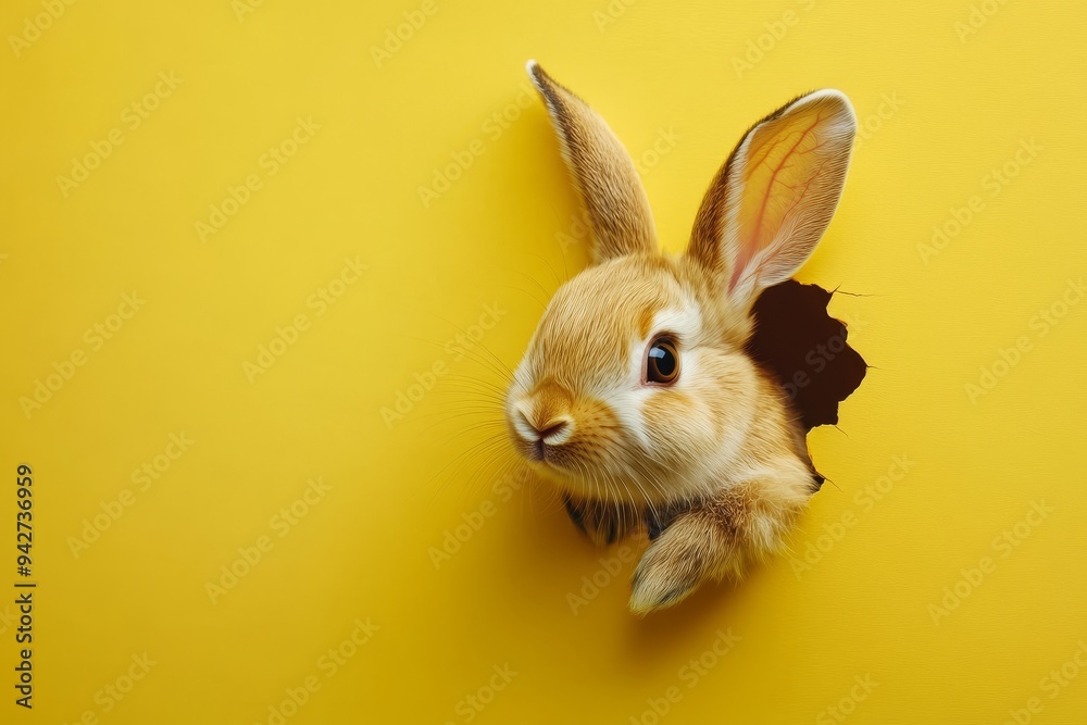 Adorable bunny peeking from a hole against bright yellow background for a joyful easter theme Adorable bunny peeking from a hole against bright yellow background for a joyful easter theme