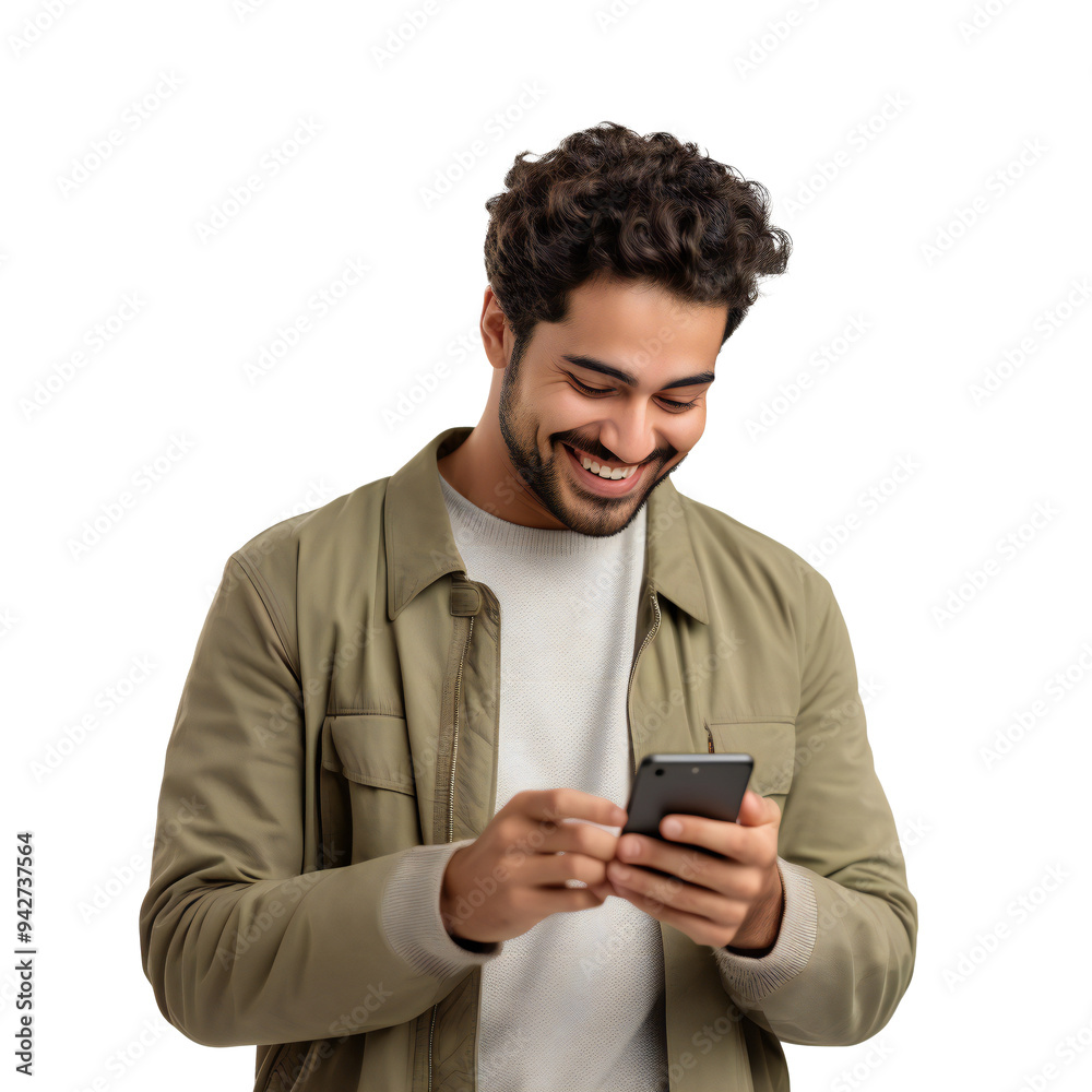 Smiling man using smartphone for texting and online interaction, capturing casual and joyful digital communication PNG Icon on transparent background Smiling man using smartphone for texting and online interaction, capturing casual and joyful digital communication PNG Icon on transparent background