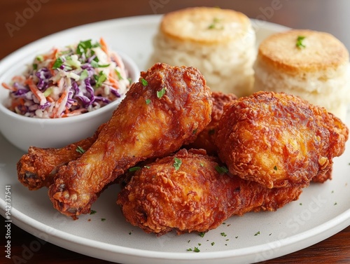 Crispy fried chicken with coleslaw and biscuits