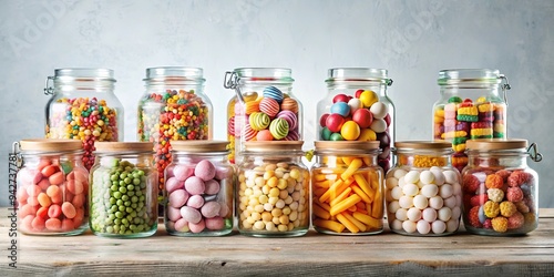 A collection of nine jars with various sweets and treats displayed for a delightful treat