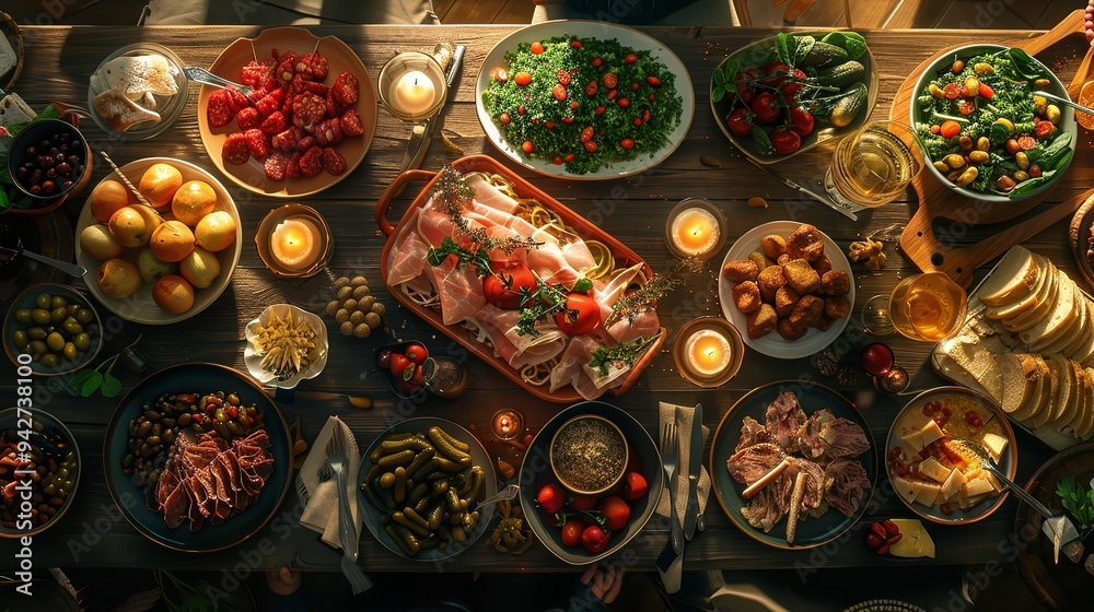 Full table of delicious dinner party table European food