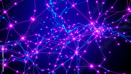 A digital network of interconnected nodes and lines glowing in a dark blue background