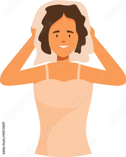 Young woman is drying her wet hair with a towel after taking a shower